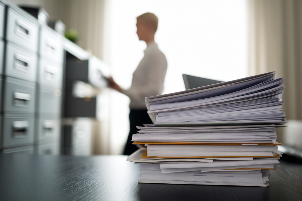 bureau-organise-documents-personne-floue