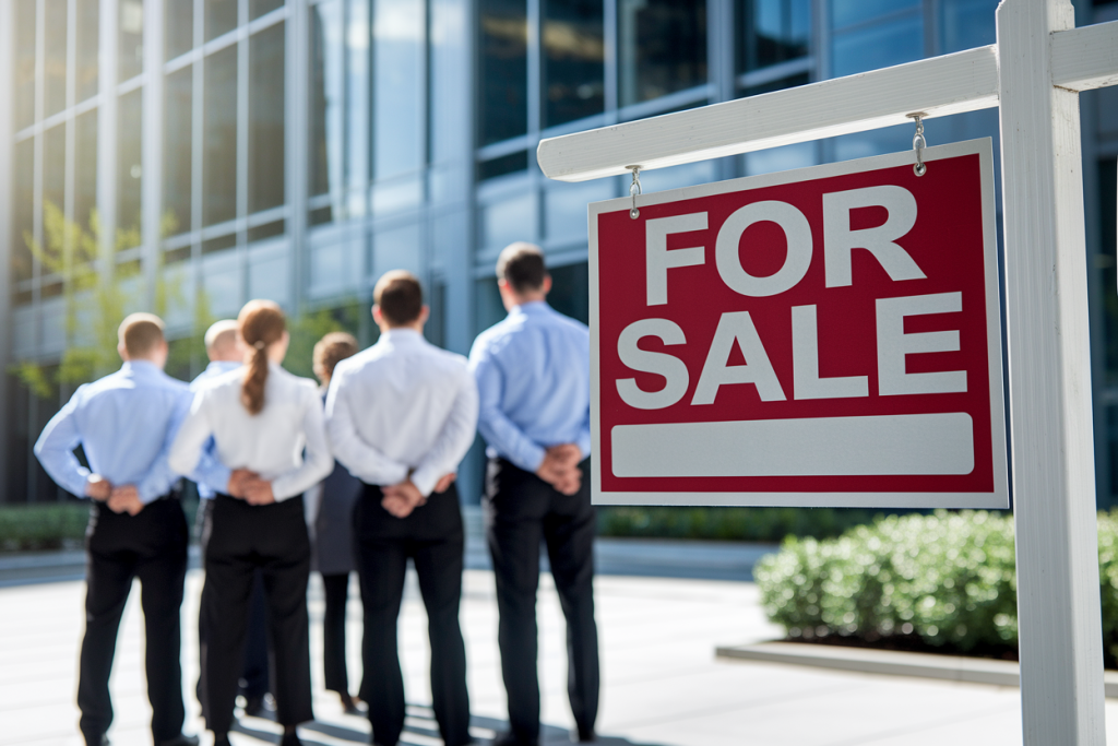 groupe-employes-dos-panneau-vente-bureau