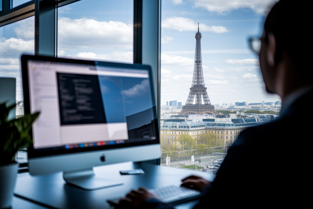 bureau-personne-dos-ecran-flou-tour-eiffel