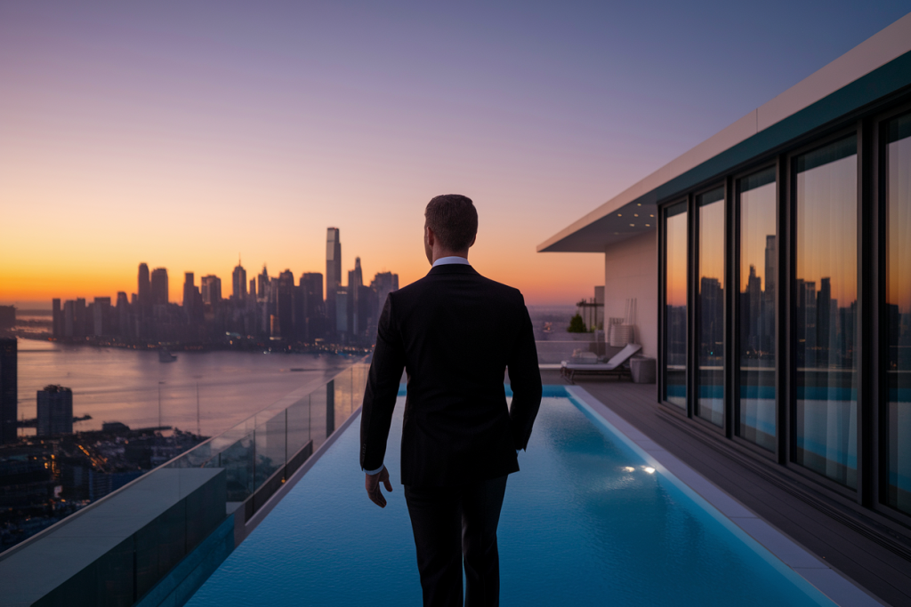 homme-costume-balcon-penthouse-coucher-soleil