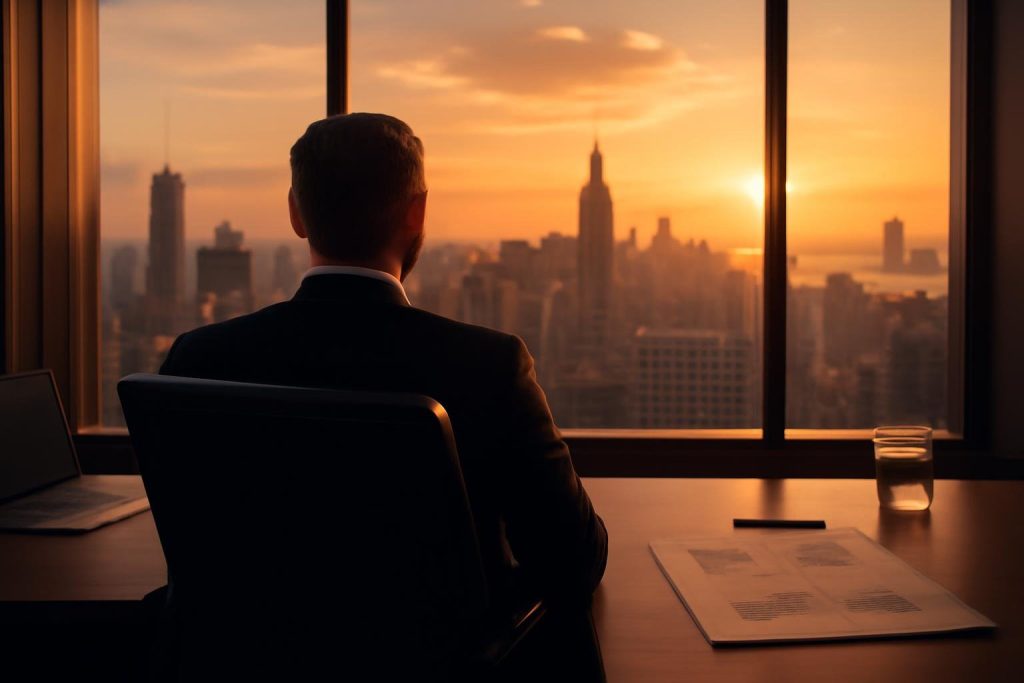 bureau-ville-coucher-soleil-costume