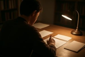 personne-ecrit-bureau-lampe-bibliotheques