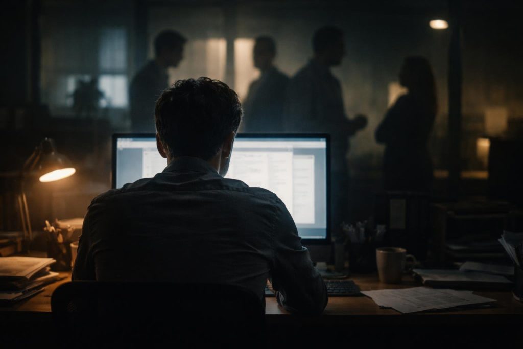 personne-bureau-ecran-lumiere-tamisee