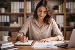 personne-bureau-notes-etageres-floues