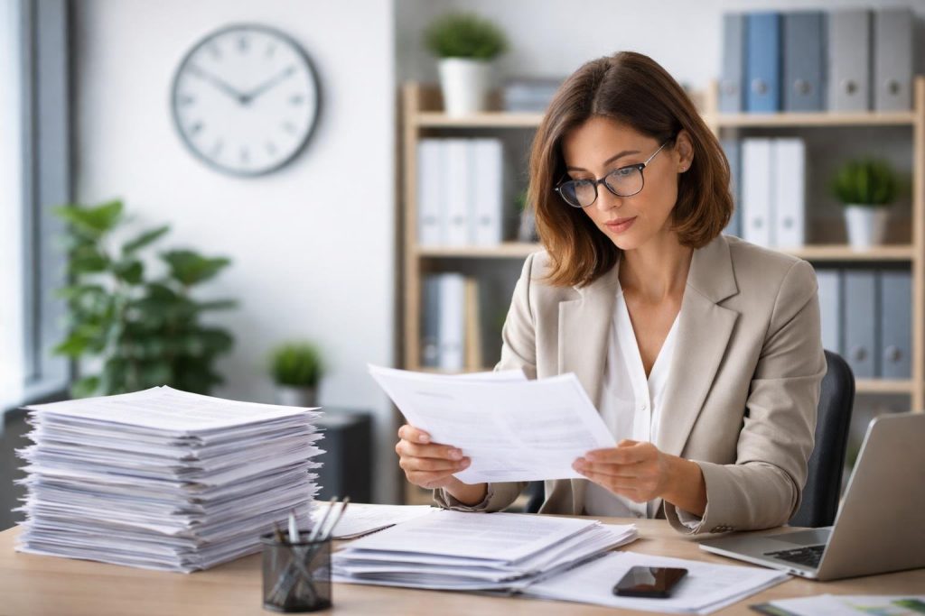 bureau-moderne-horloge-documents-etageres
