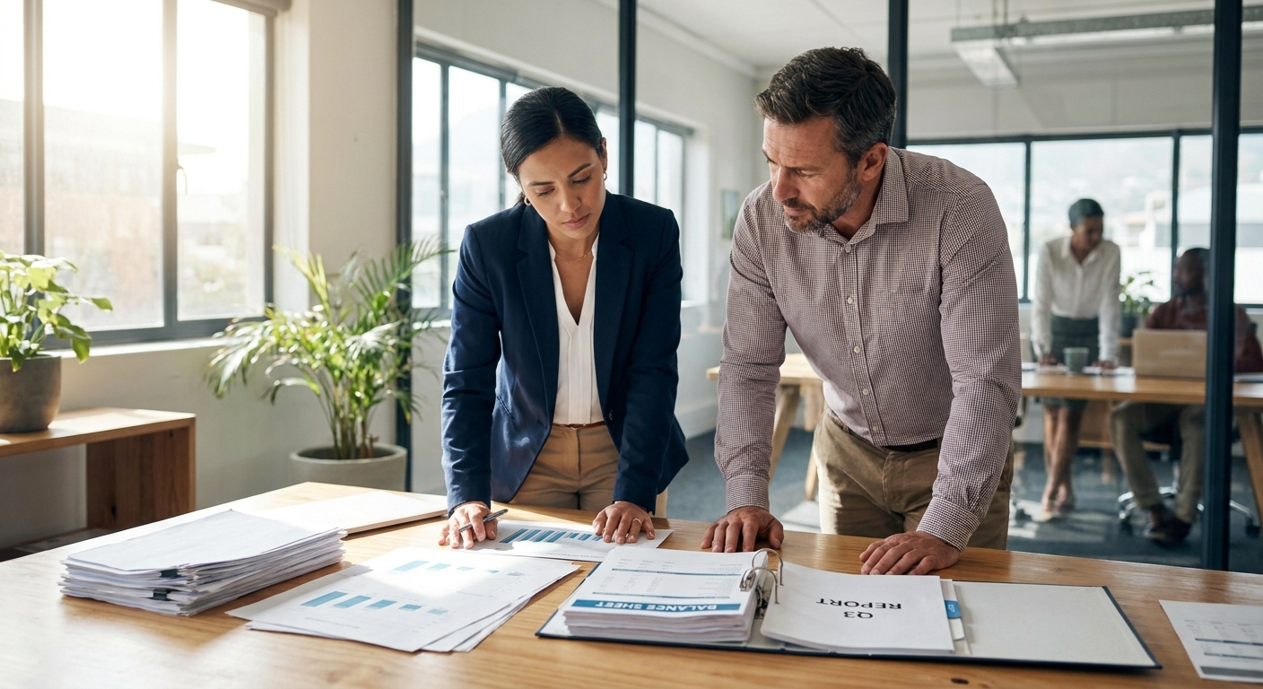 expert-comptable en réunion avec un dirigeant de PME, analyse de bilans sur un bureau