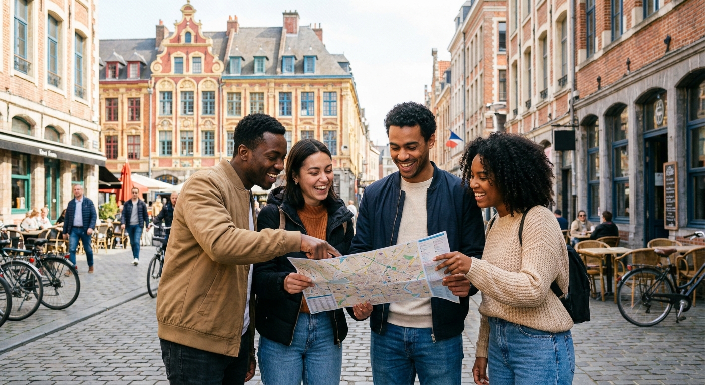 groupe de collègues en activité de teambuilding dans le Vieux-Lille, façades flamandes colorées en arrière-plan