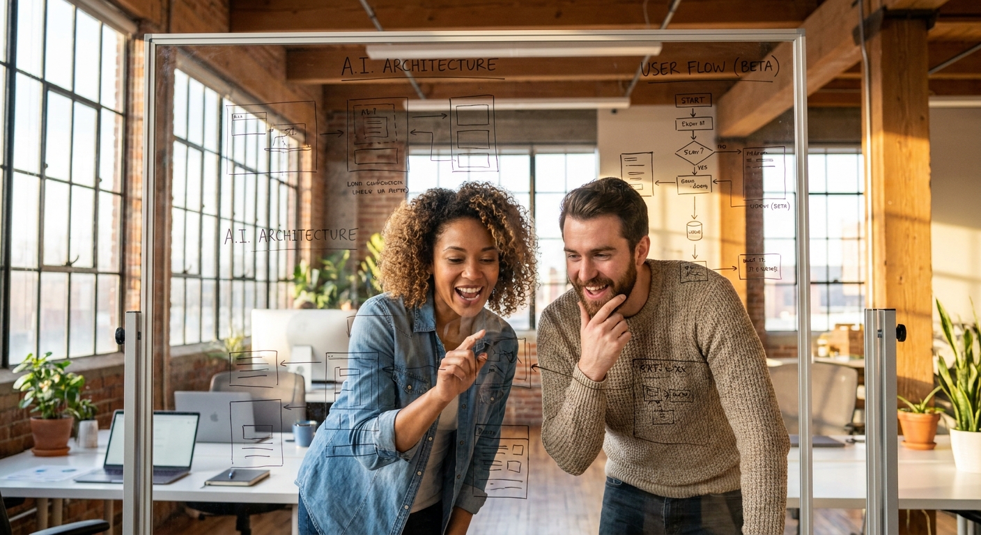 fondateurs d'une startup innovante autour d'un tableau blanc avec des schémas de recherche et développement