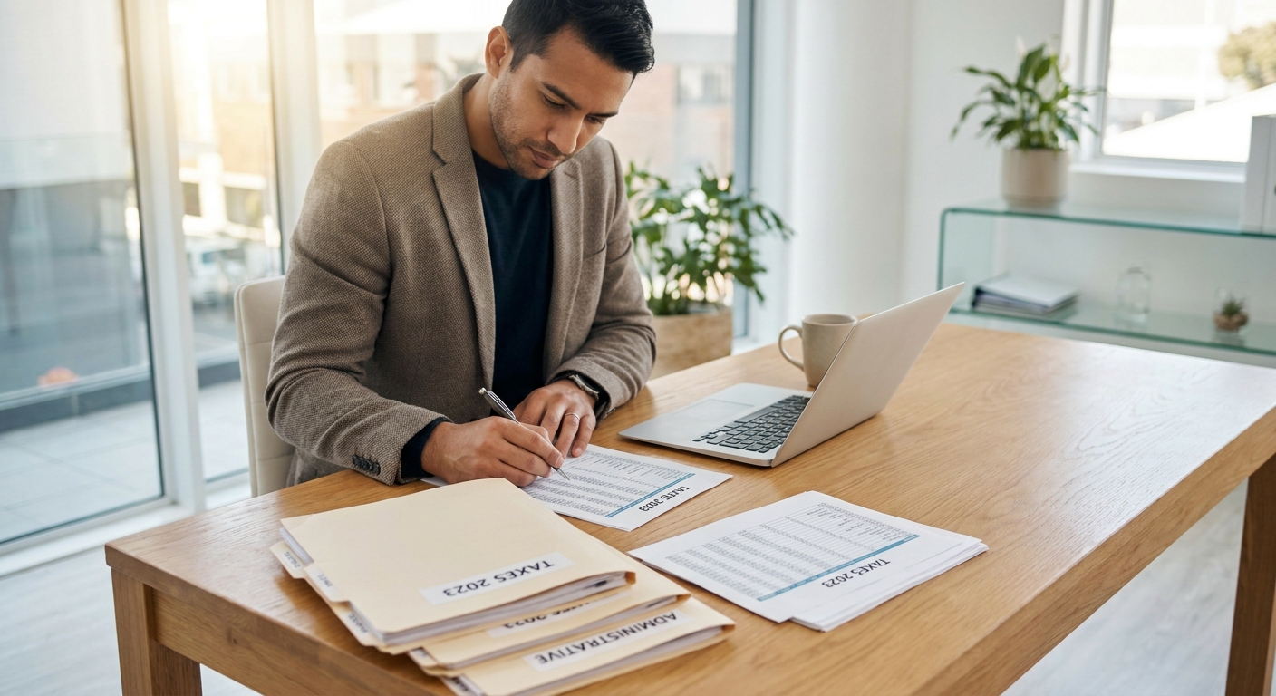 entrepreneur consultant des documents administratifs et fiscaux sur un bureau avec un ordinateur