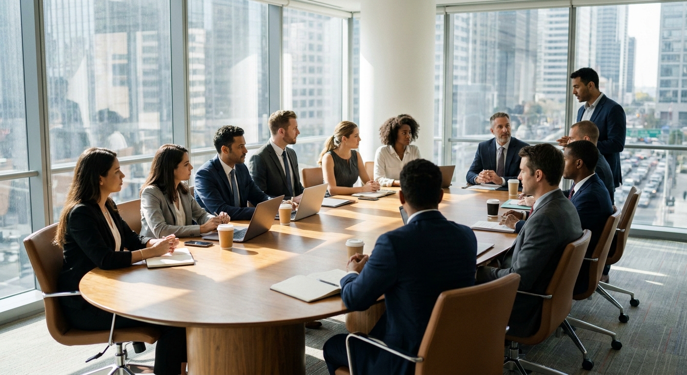 salle de conférence moderne avec participants assis autour d'une grande table lors d'un séminaire professionnel